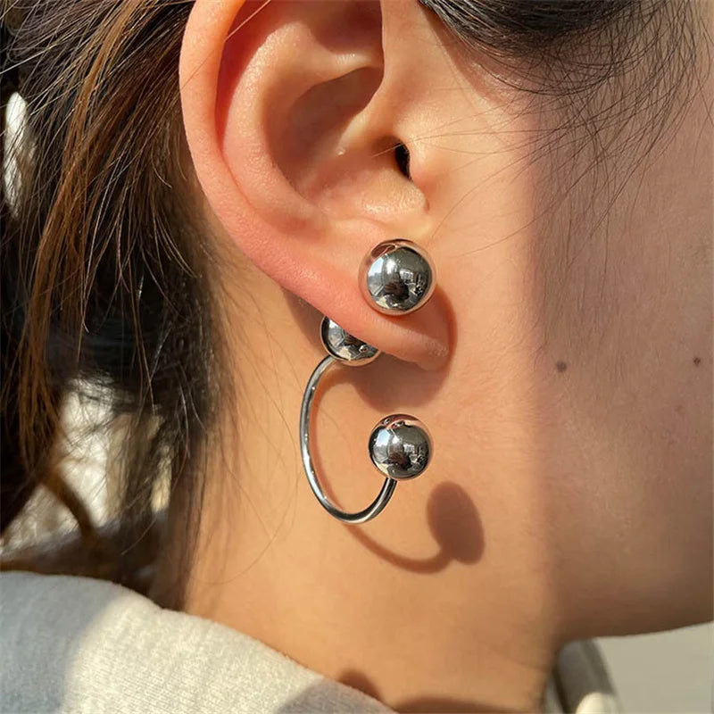 FFLACELL Korean Fashion Punk Design Metal Ball Studs Earrings Gold Silver Color Y2K Female Party Club Jewelry for Women gifts