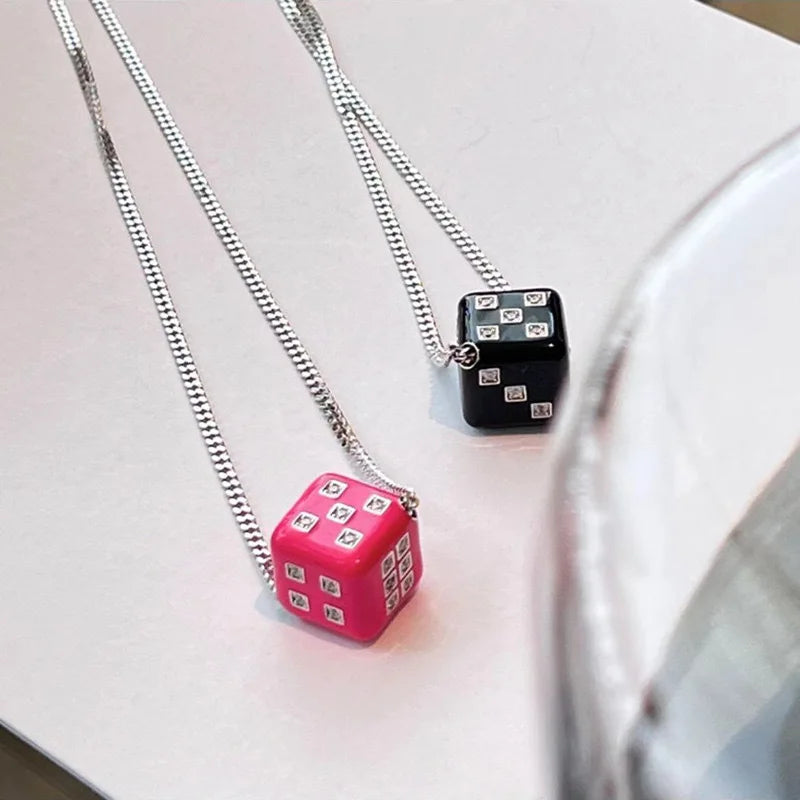 Y2K Zircon Square Black Rose Pink Dice Pendant Necklace for Women Korean Fashion Stainless Steel Neck Chain Jewelry Accessories