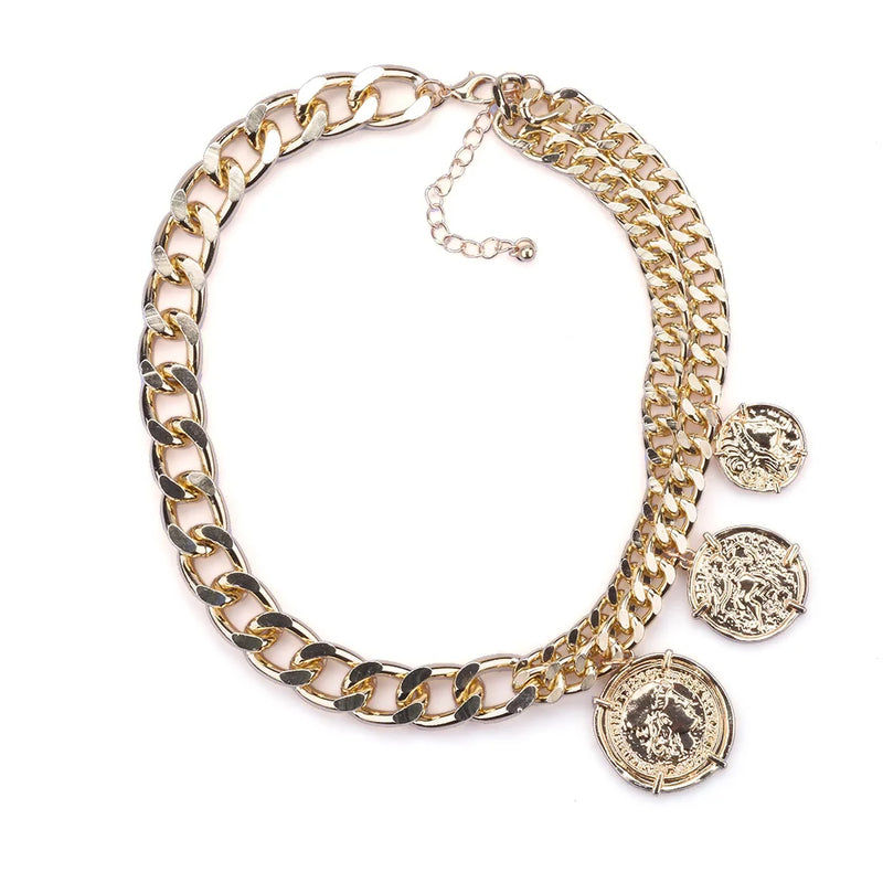 2025 New Contrast Metal Chain Links Choker Necklace With Charm Coin Pendants Jewelry Women Gold Silver Color  Punk Necklace