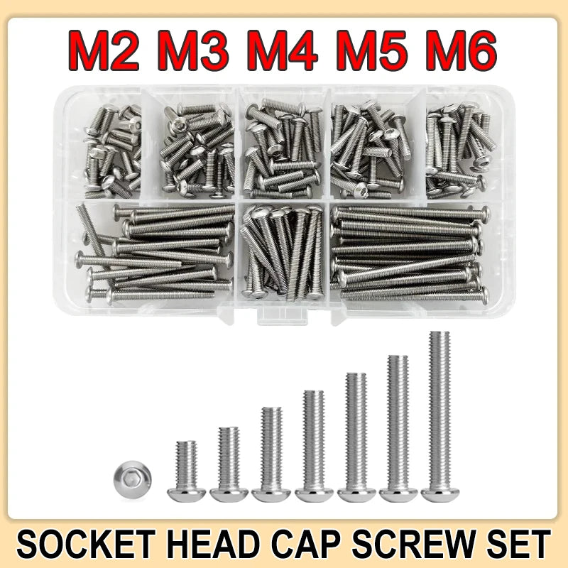 M2 M2.5 M3 M4 M5 M6 M8 M10 Hex Socket Screw Set 304 Stainless Steel Hexagon Button Cap Head Metric Machine Bolt Assortment Kit