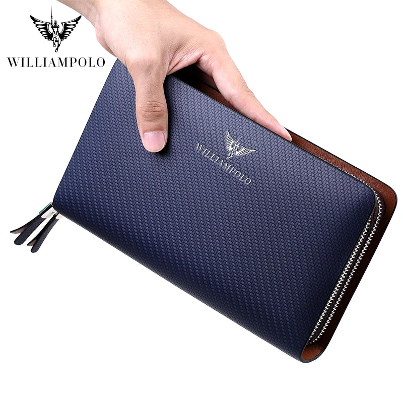 WILLIAMPOLO Men's Wallet Business Large Capacity Clutch Bag Genuine Leather Clutch Wallet Double Zipper Handbag Long Men Wallet