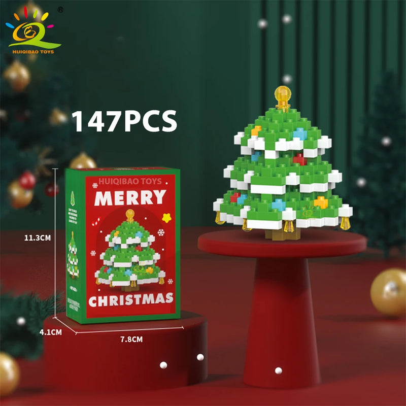 HUIQIBAO Christmas Tree Train Santa Claus Model Micro Building Blocks Elk Elves Snowman Mini Bricks Xmas Gifts Toys for Children