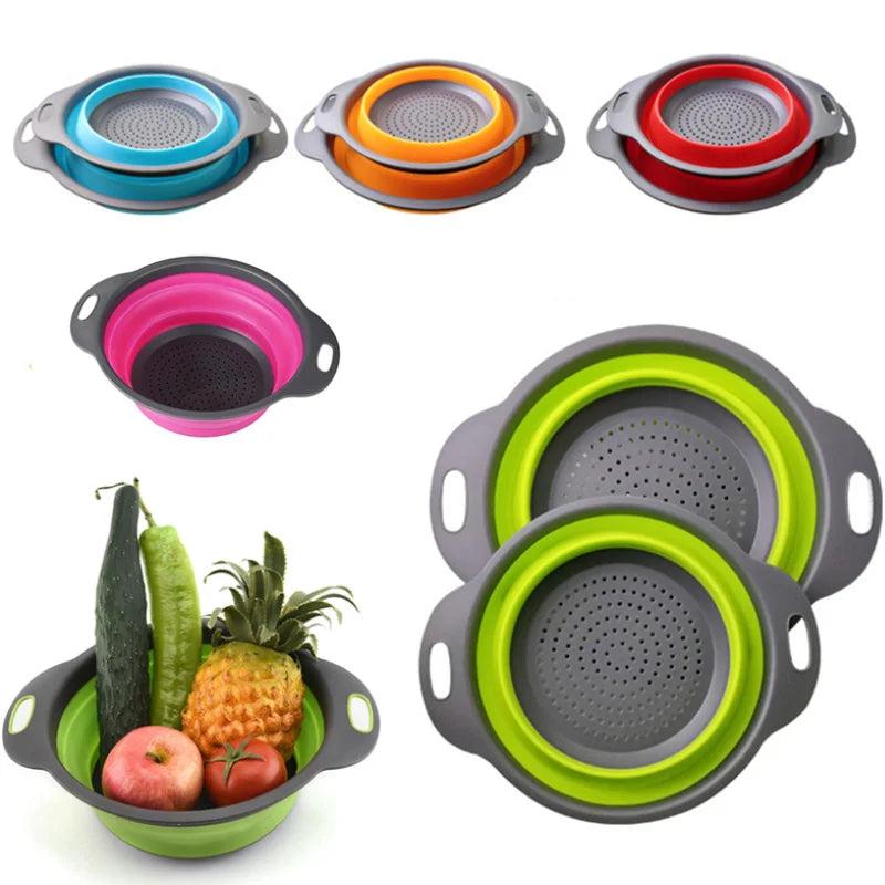 Silicone Foldable Vegetable Basket Colander Kitchen Drain Basket Vegetable Washing Basin round Creative Kitchen Storage Tools