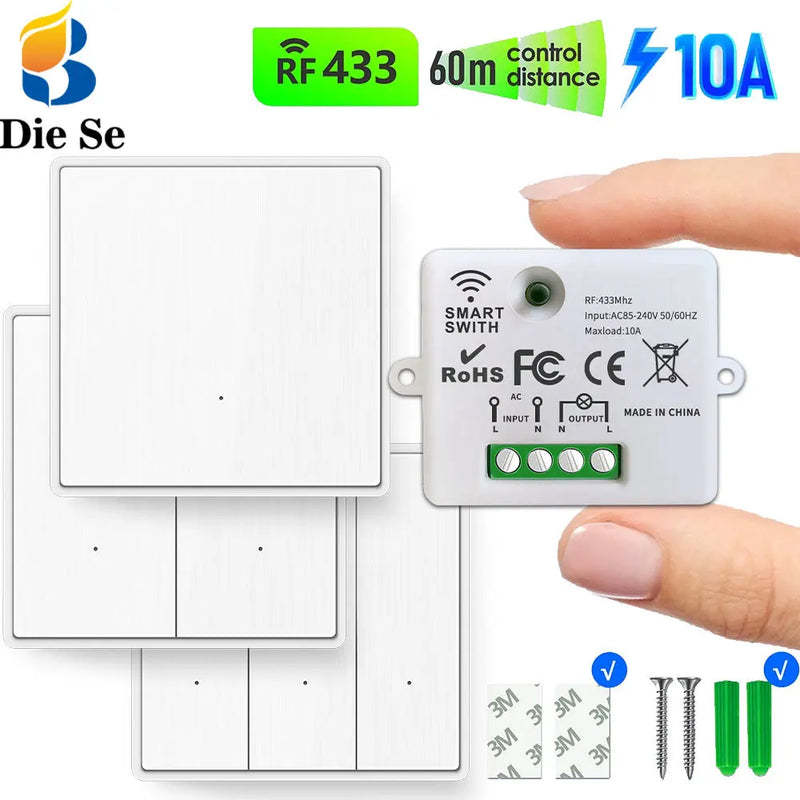 433MHz Wireless Remote Control Switch  AC 110V 220V 10A Relay Receiver and RF Push Button Wall Panel Transmitter for Light Pump