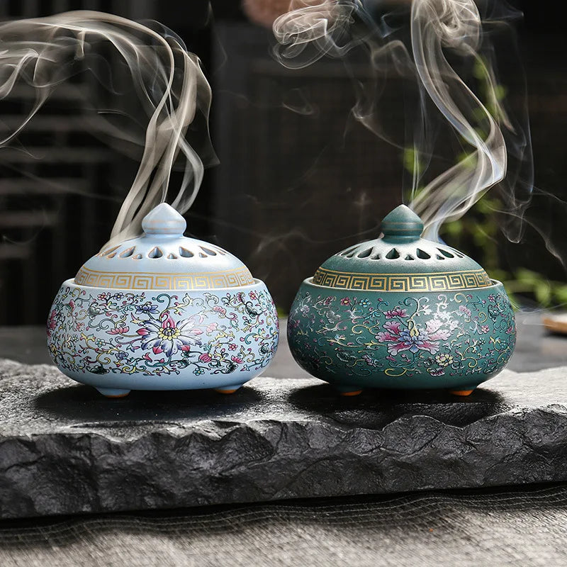 The Chinese style retro enamel colored plate incense burner the household indoor ceramic tangled lotus incense burner decoration