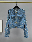 DEAT Women's Denim Jacket O-neck Embroidered Flares Diamond Pearls Buttons Plaid Elegant Coat 2025 Summer New Fashion 29L6353
