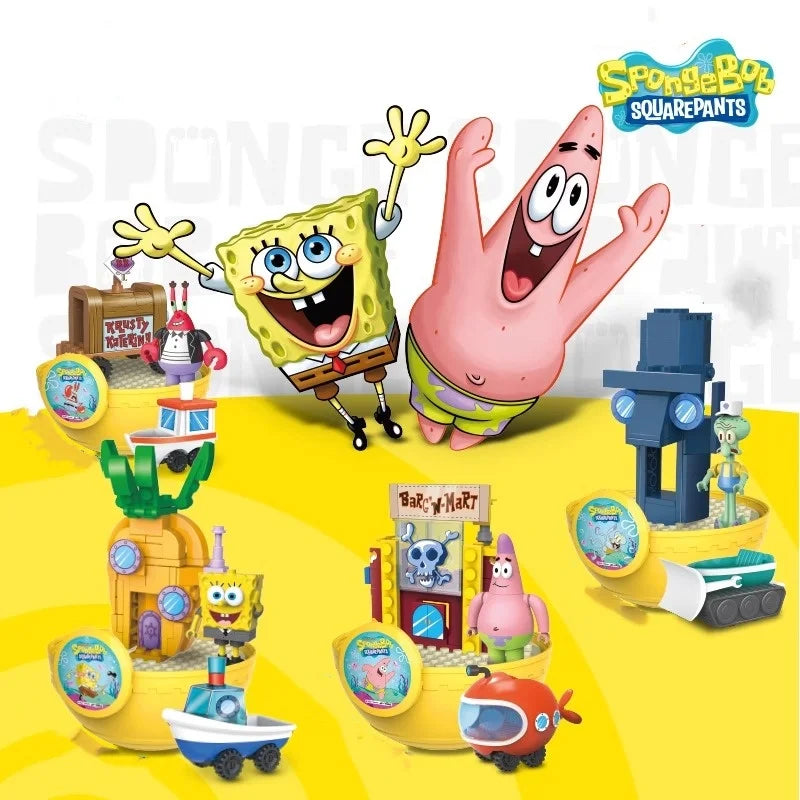 SpongeBob SquarePants Building Blocks Big Twisted Eggs Blind Box  Patrick Octopus King Krabs Car Boat Plug and Play Kids' Gift