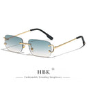 HBK Retro Rimless Sunglasses For Women Men Small Square Gold Frame Brand Design Tea Shades Rectangle UV400 Zonnebril Eyewear