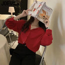 JOEVILU Red Chiffon Shirt Women French Elegant Long Sleeve Blouses Spring and Autumn Korean Fashion Tops Casual Sunscreen Jacket