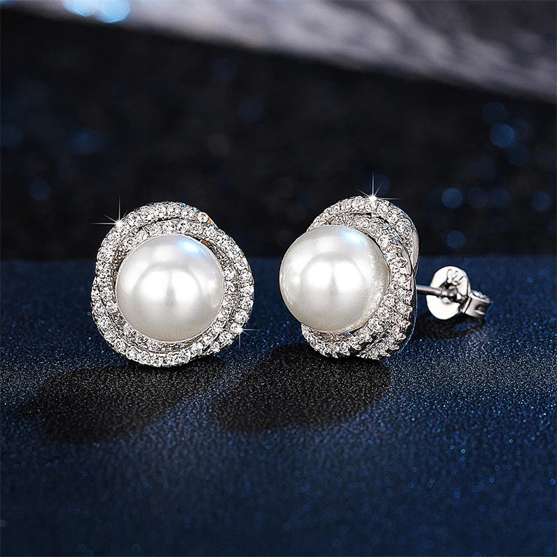 Huitan Shiny Imitation Pearl Stud Earrings Fashion Cross Design Aesthetic Women Ear Piercing Accessories Wedding Party Jewelry