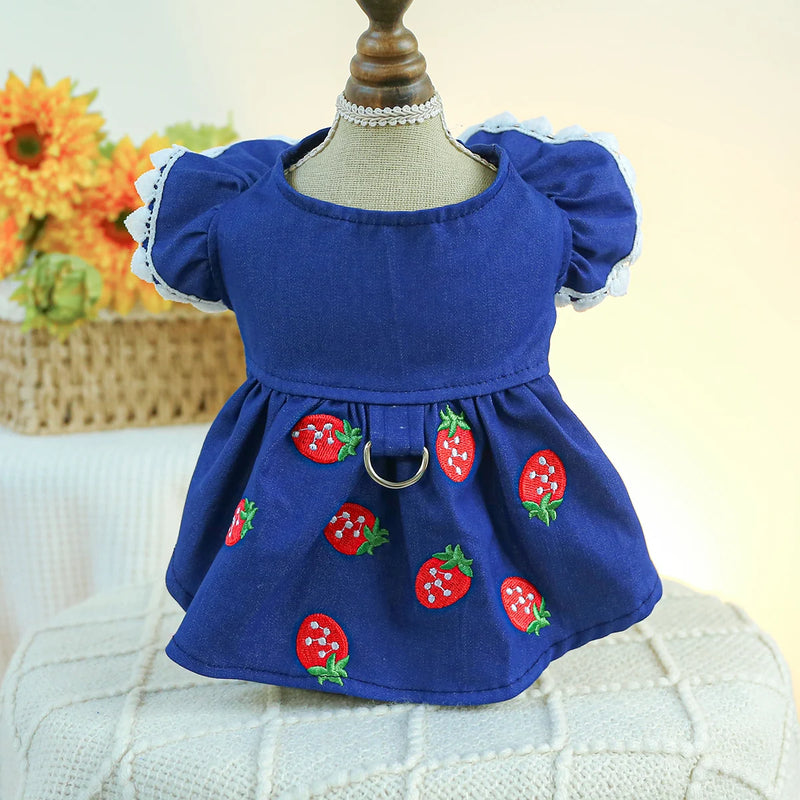 1PC Pet Clothing Cat Dog Spring and Autumn Thin Blue Denim Strawberry Princess Dress With Drawstring Buckle For Small Medium Dog