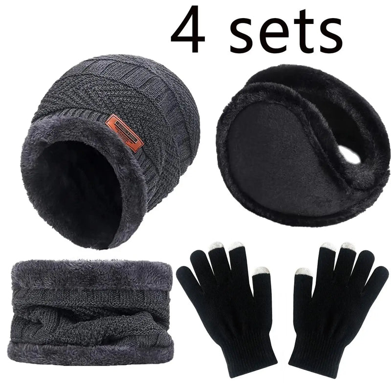 4pcs sets Winter Warm Velvet men Hat Scarf Gloves Set For men and women Girls Outdoor Riding Hat Beanies Neck Protection Scarf C