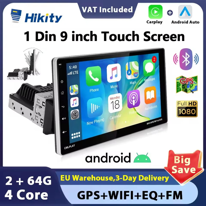 Hikity Universal 9" car Radio 1din Android car Radio Carplay Rotatable Screen Bluetooth FM Radio Receiver Support TF/USB