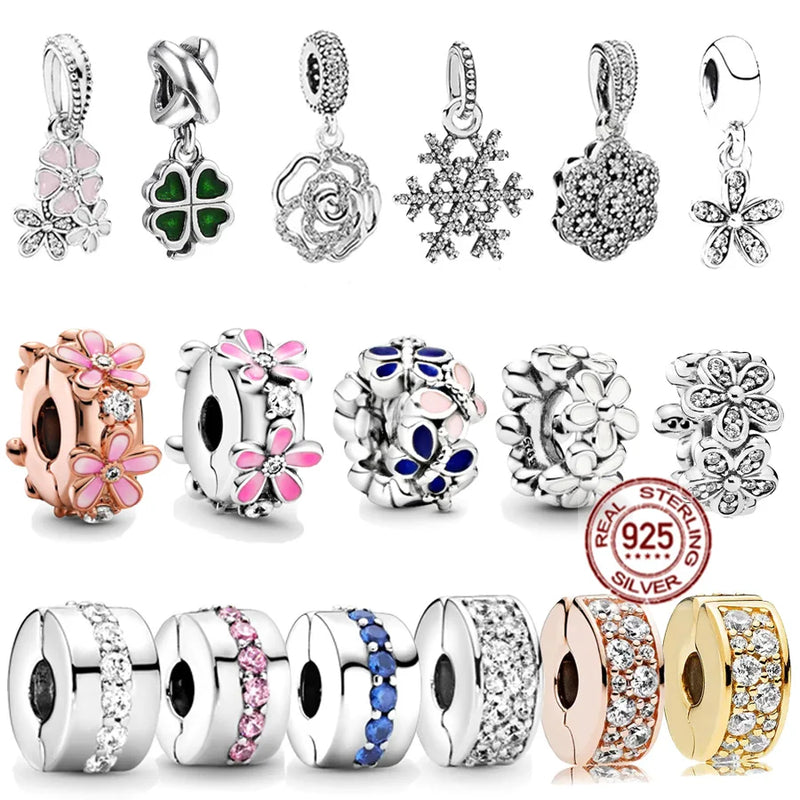 925 Sterling Silver Sparkling Row Clip Pink Daisy Flower Bead Clover Dangle Charm Fit Original Pandora Bracelet DIY Jewelry Gift