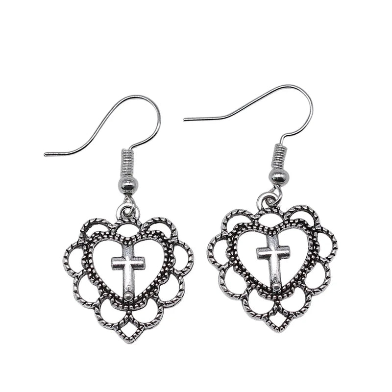 Fashion Simple Design Antique Silver Color Heart Cross Pendant Earrings Women Vintage Drop Earrings