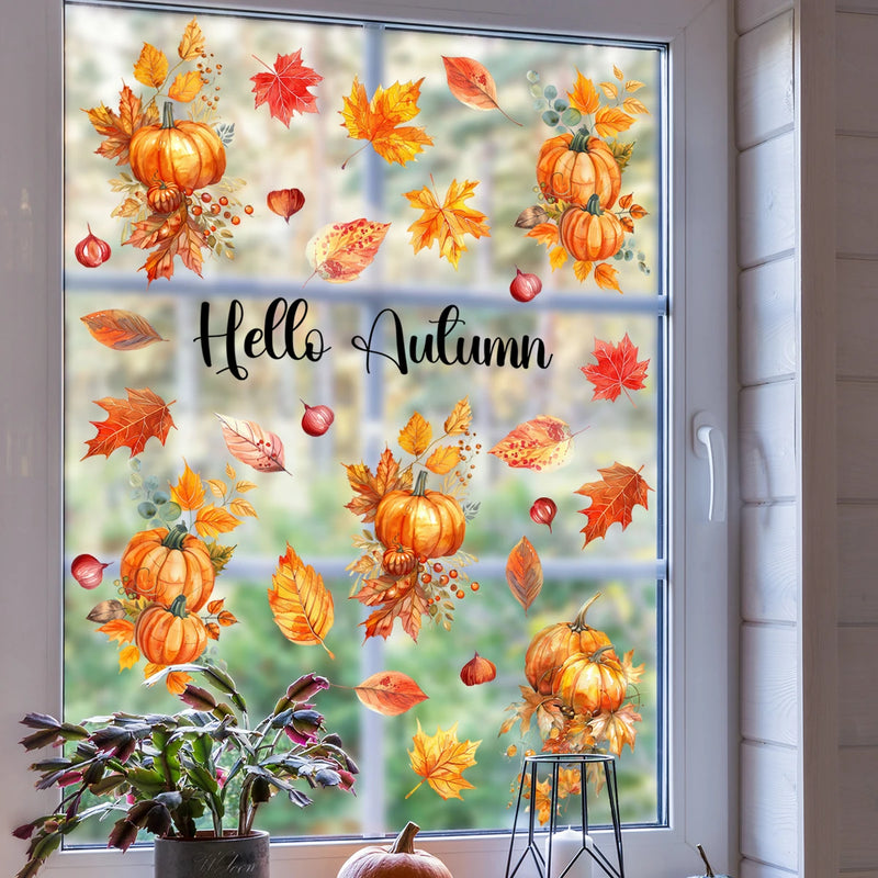 1 sheet Autumn Harvest Window Clings, Thanksgiving Window Decals, Leaves & Pumpkins Window Stickers for Home