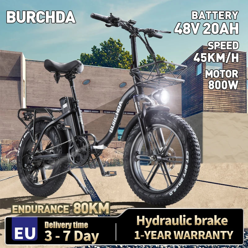 BURCHDA R8S 800W45KM/H Foldable Electric Bicycle 48V20AH Lithium Battery 20 Inch Fatbike Electric Bike For Adults Motorcycle