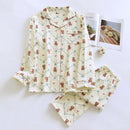 100% Cotton Crepe Women's Pajama Set 2024 New Spring And Autumn Cute Bear Printed Long sleeved Pants Two piece Loose Home Fury