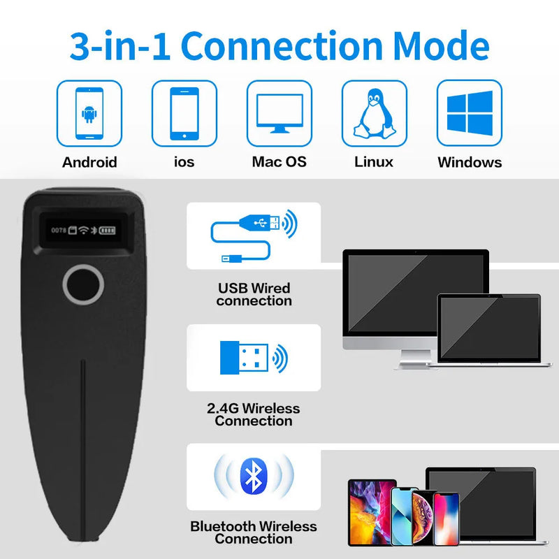 Barcode Scanner Wireless 1D 2D QR Code Scanner USB Bluetooth Mini Pocket QR Reader IOS Android Windows for Mobile Payment