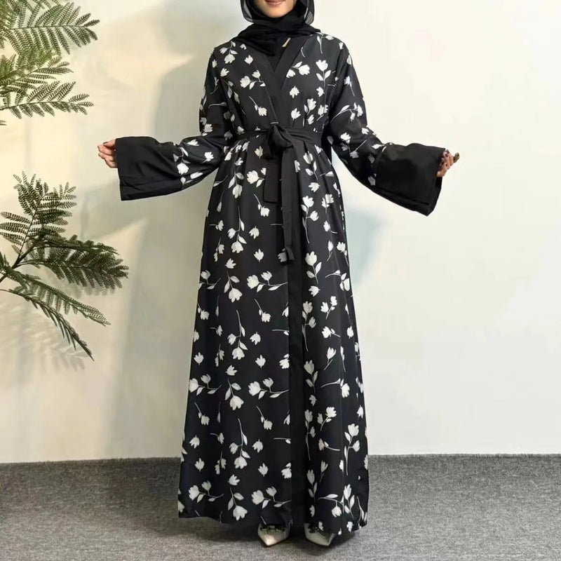 Printed Floral Open Front Abaya,Long Sleeve Maxi Length Dress With Belt Women's Clothing Muslim Abayas Out Kaftans Women Jilbabs