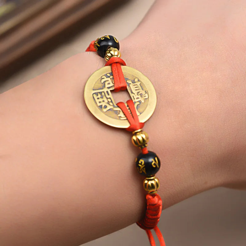 Lucky Red String Feng Shui Copper Coin Bracelet Bangle Handmade Adjustable Attract Money Wealth Bracelet for Women Men