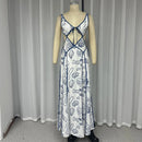 Ellafads Damen Maxikleider Sommer Sexy Vintage Bedruckt V-Ausschnitt Cutout Spaghettiträger Zum Binden Schmal Rückfrei Schnürung Strandpartykleid