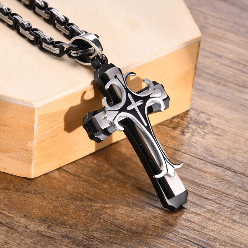 Vnox Cross Necklace For Men Byzantine Gold Color Stainless Steel Chain Catholic Crucifix Pendant Male Punk Rock Ornaments