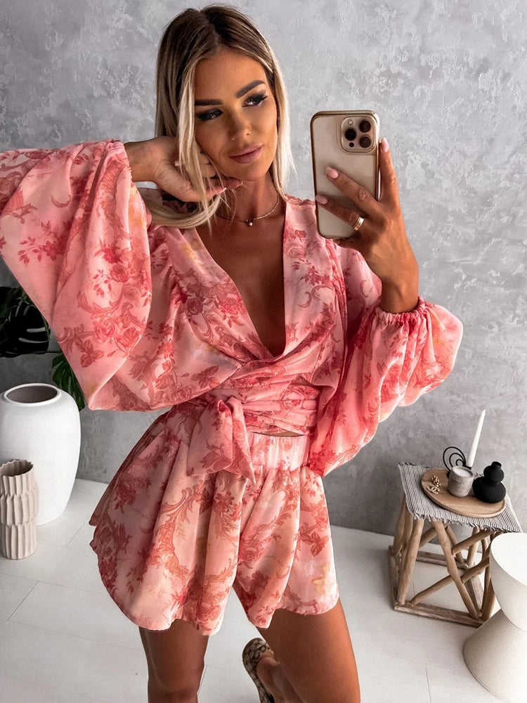 2023 Sexy Deep V Neck Jumpsuit For Women Summer Casual Boho Beach Vacation Outfit Fashion Print Lantern Sleeve Rompers Shorts