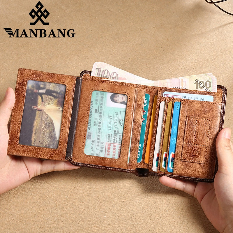 Manbang Men's Wallets RFID Genuine Leather Trifold Wallets For Men with ID Window and Credit Card Holder