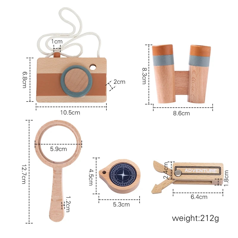 Baby Wooden Montessori Outdoor Adventure Toys Wooden Camera Magnifier Telescope Compass Toy Cognitive Educational Puzzle Game