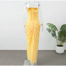 The Aurelian | Butter Yellow Mesh Strapless Pleated Evening Gown