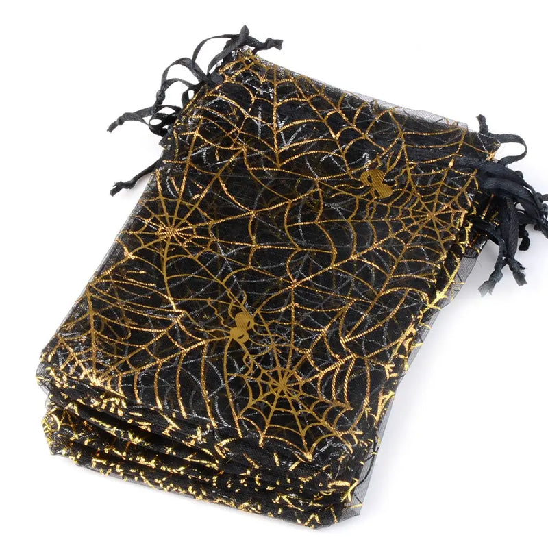 25/50pcs 10x15cm Halloween Organza Gift Bag Drawstring Spider Web Multi Color Printing Packaging Gift High Quality Candy Bag