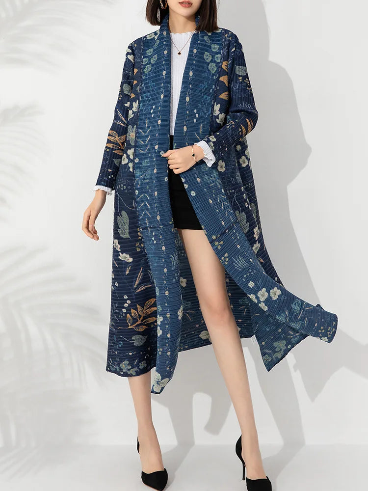 Miyake Fold 2023 Autumn New Fashion Trench Coat Loose Print Cardigan Long Lapel Stretch Coat