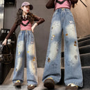 Girls Jeans Spring Autumn Cartoon Wide Leg Jeans for Teenage Kids Heavy Embroidery Star Loose Straight Leg Trousers for Children