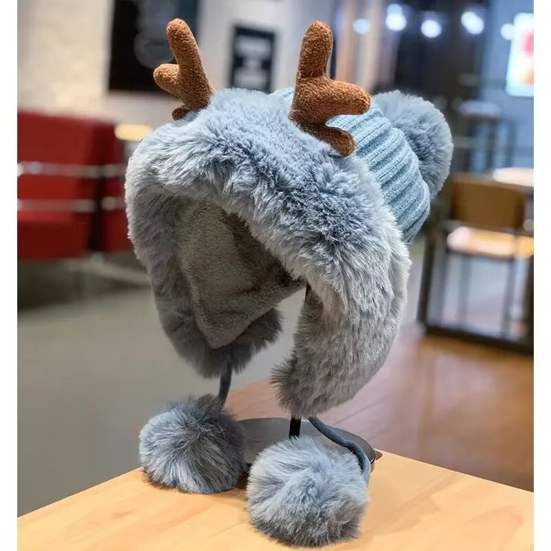 Winter Cute Reindeer Warm Hat Women Beanies Windproof Cap Student Women Add Wool Cap Female Hat Present Girls Christmas Gifts