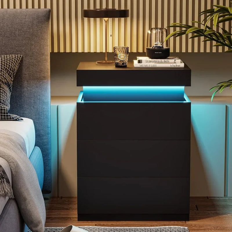 Nightstand with Charging Station and LED Lights, Nightstand with Sliding Top, Bedside Tables with Drawers, Modern End Side Table