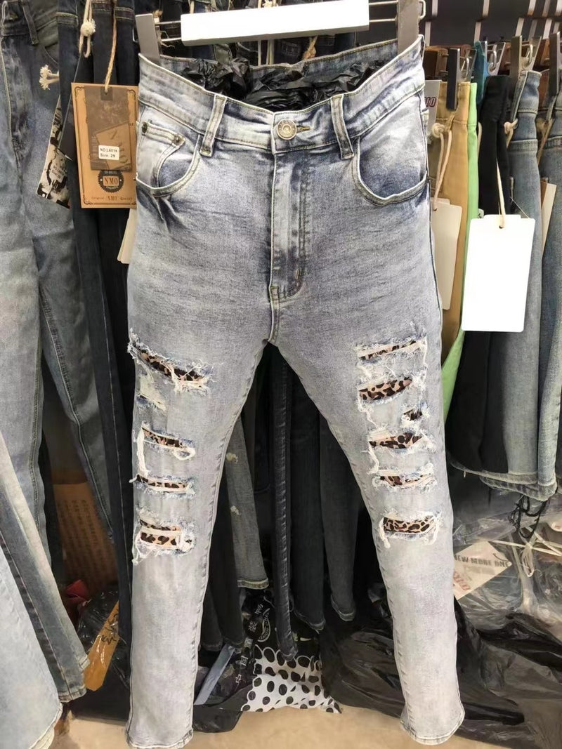 Men Fashion Brand Slim Hole Ruffian Denim Pant Autumn Ins Korean Version Letter Embroidery Straight Leg Pants Ripped Tight Jean