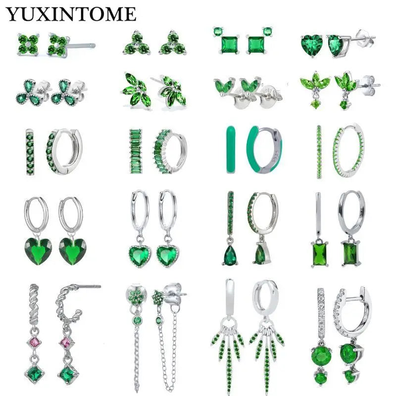 Turquoise 925 Sterling Silver Ear Needle Green Zircon vintage emerald Heart/Flower Pendant Hoop Earrings Fashion party Jewelry