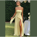 Butter Yellow Mesh Splicing Long Dress Elegant Strapless Split Backless Pleated Gowns For Women 2026 Lady Evening Party Gowns