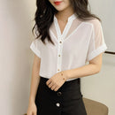 2023 Sommer Neue Stil Kurzarm Top Damen Mode Einfarbig Mesh V-Ausschnitt Damen Shirts Pullover Chiffon Damen Bluse 9632