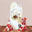 First Holy Communion Arch Backdrop Cover Wood Cross Baptism Boy Girl Boho Blue Cyan Flowers Party Decor Gold Bless Background