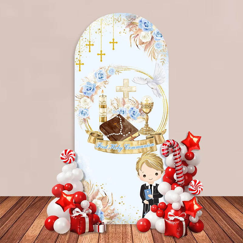 First Holy Communion Arch Backdrop Cover Wood Cross Baptism Boy Girl Boho Blue Cyan Flowers Party Decor Gold Bless Background