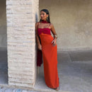 Fashion Women Color Blocking Scarf Collar Sling Dress Sexy Split Waist Cinching Bodycon Maxi Gowns 2026 Lady Club Party Vestidos