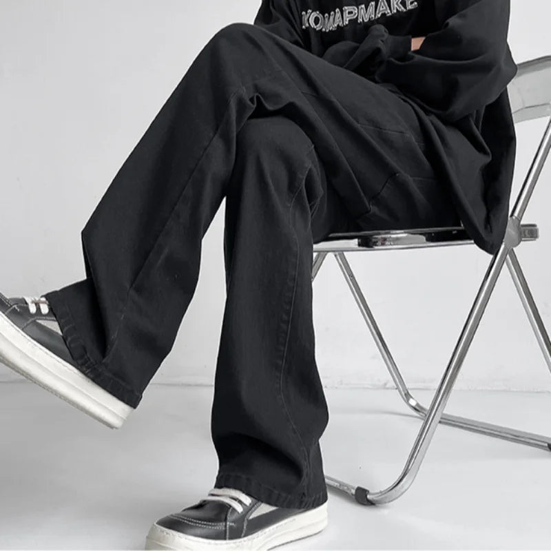 Autumn Vintage Straight Wide Legs BLACK Jeans Men's Streetwear Harajuku Washed Baggy Casual Flare Denim Trousers Y2K Male Pants