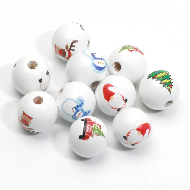 10pcs 16mm Round Christmas Wooden Beads Cartoon Wood Spacer Beads For Jewelry Making Diy Christmas Party Decor Handicrafts