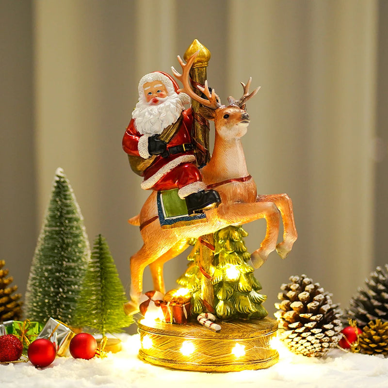 NORTHEUINS Resin Santa Claus Riding Deer Figurines for Interior Glowing Hand-Painted Decoration Christmas Dolls New Year Gifts