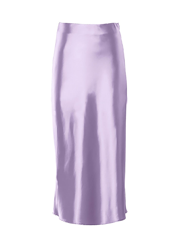 Mnealways18 Solid Purple Satin Silk Skirt Women High Waisted Summer Long Skirt New 2023 Elegant Ladies Office Skirts Midi Spring