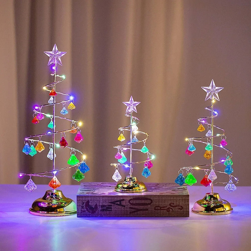 Night Lights Christmas Decorations Gifts Electroplated Iron Tree LED Luminous Crystal Christmas Tree Crystal Table Decoration