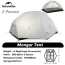 Naturehike Mongar 2 Camping Tent Ultralight Outdoor 3 Season Waterproof 20D Nylon Hiking Tent 2 Person Backpacking Tent
