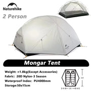 Naturehike Mongar 2 Campingzelt Ultraleichtes Outdoor 3 Season Wasserdichtes 20D Nylon Wanderzelt 2 Personen Backpacking Zelt